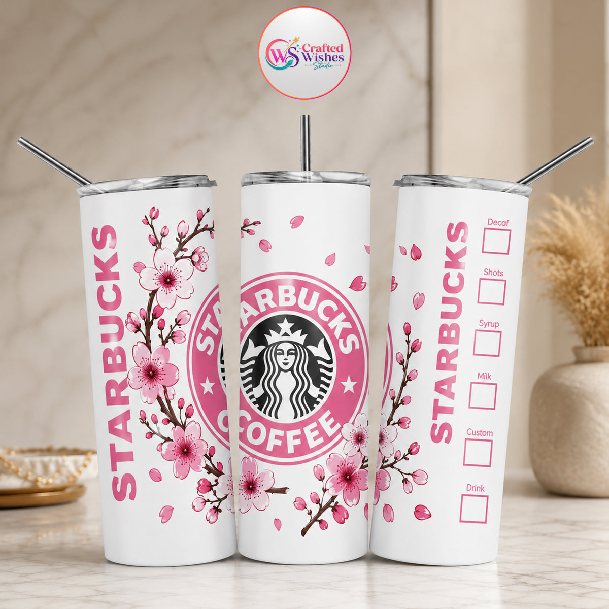 Pink Floral Coffee Tumbler Wrap PNG, 20oz Skinny Tumbler Sublimation Design, Cherry Blossom Coffee Digital Download