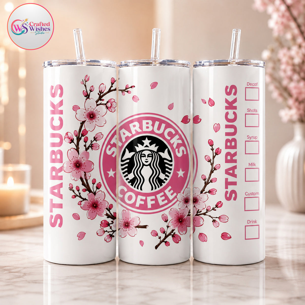 Pink Floral Coffee Tumbler Wrap PNG, 20oz Skinny Tumbler Sublimation Design, Cherry Blossom Coffee Digital Download