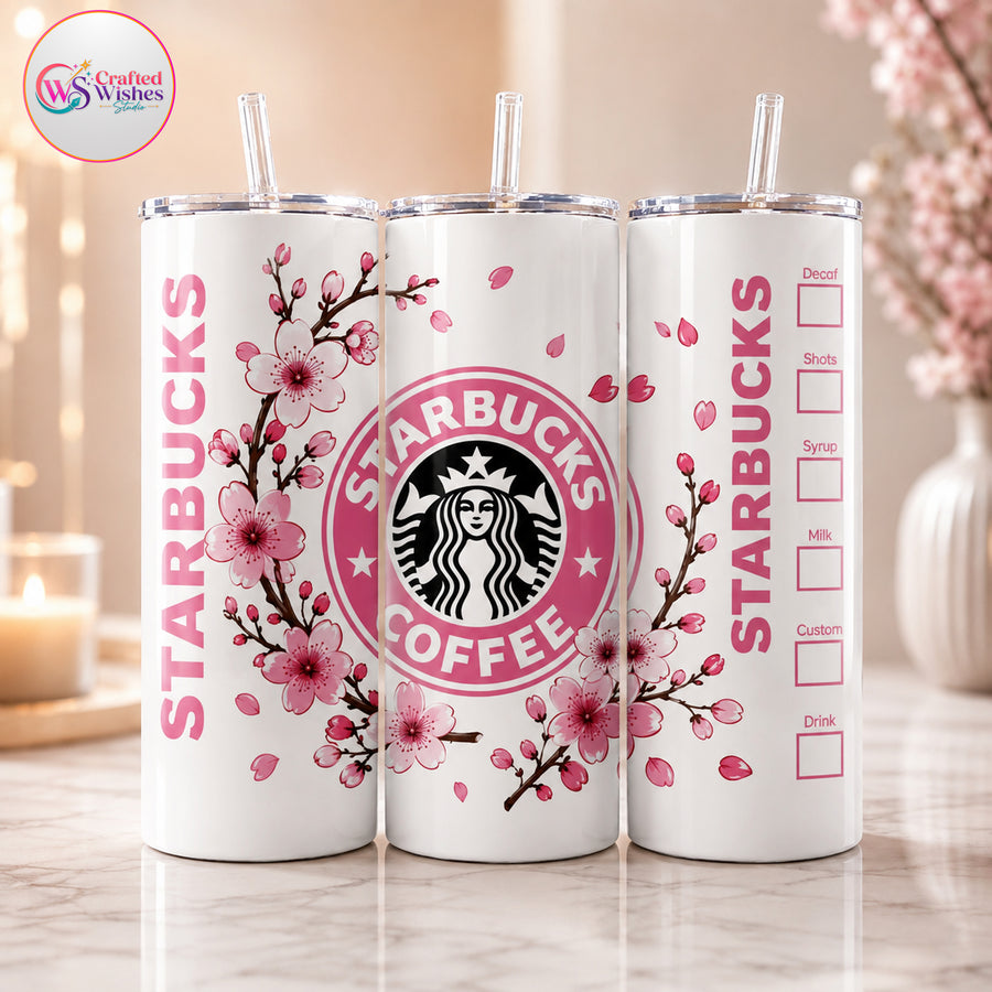 Pink Floral Coffee Tumbler Wrap PNG, 20oz Skinny Tumbler Sublimation Design, Cherry Blossom Coffee Digital Download