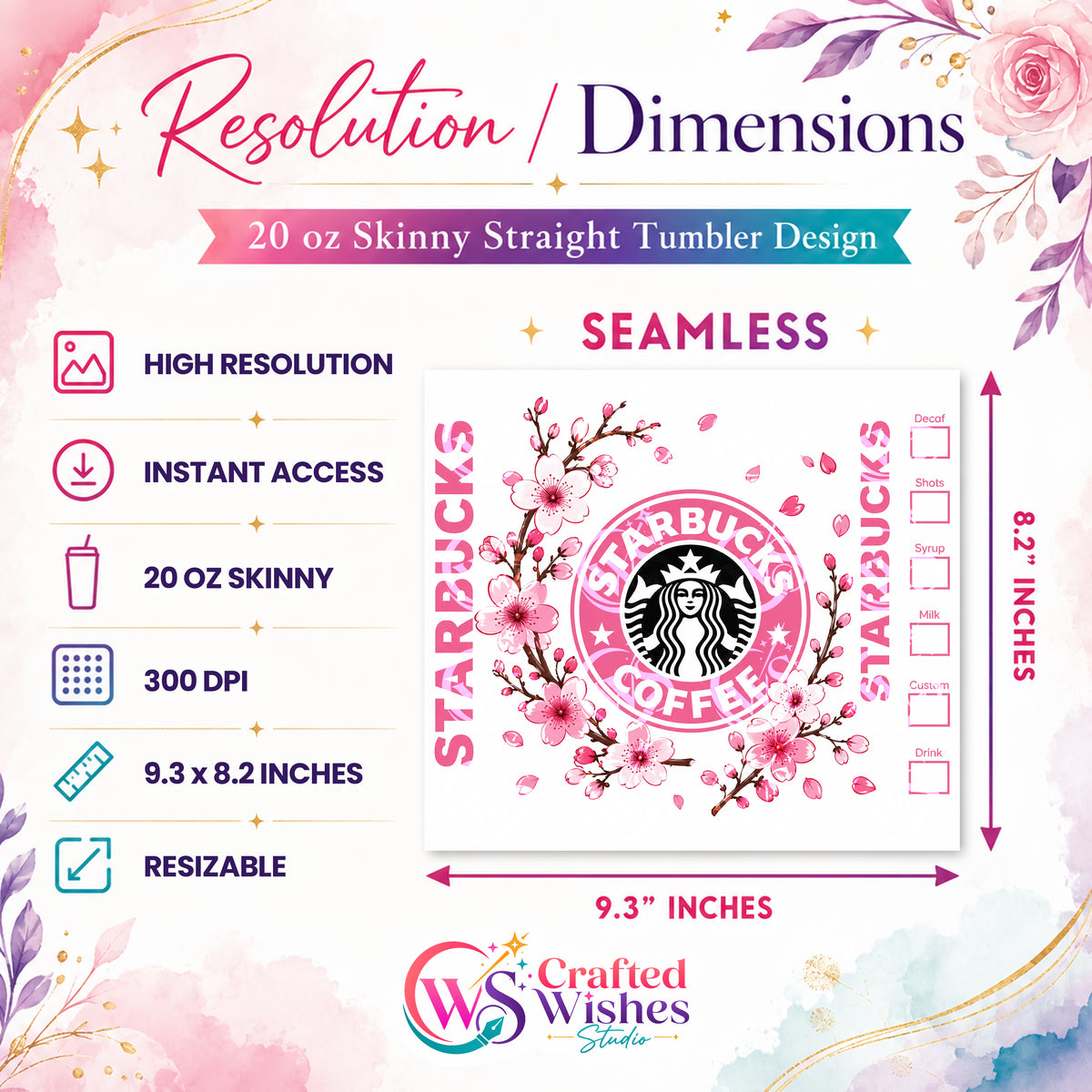 Pink Floral Coffee Tumbler Wrap PNG, 20oz Skinny Tumbler Sublimation Design, Cherry Blossom Coffee Digital Download