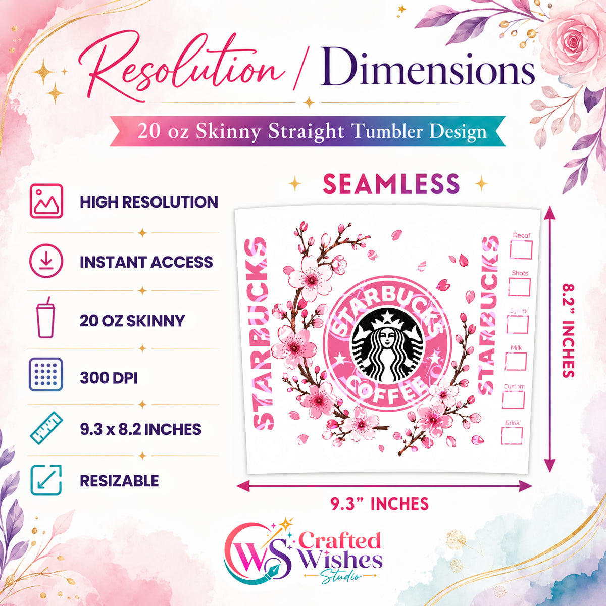 Pink Floral Coffee Tumbler Wrap PNG, 20oz Skinny Tumbler Sublimation Design, Cherry Blossom Coffee Digital Download