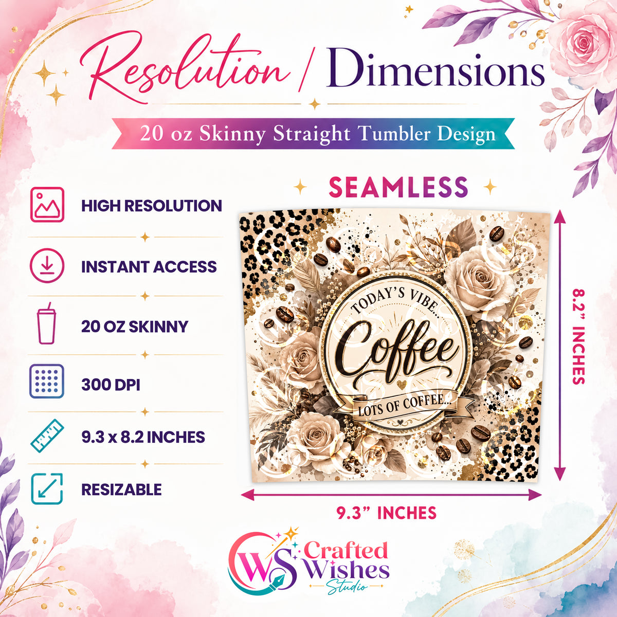 Coffee Tumbler Wrap PNG, 20oz Skinny Tumbler Sublimation Design, Leopard Floral Coffee Wrap, Digital Download