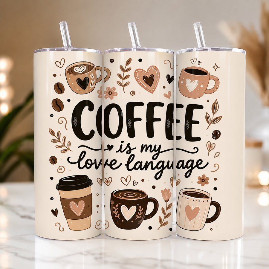 Coffee Is My Love Language 20oz Skinny Tumbler Wrap PNG | Sublimation Design