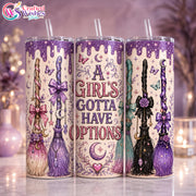 Witchy Halloween Tumbler Wrap PNG, 20oz Skinny Sublimation Design, Purple Broom Coffee Digital Download