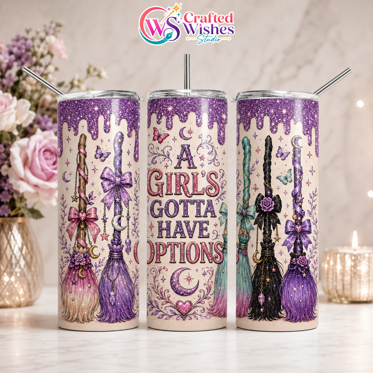 Witchy Halloween Tumbler Wrap PNG, 20oz Skinny Sublimation Design, Purple Broom Coffee Digital Download