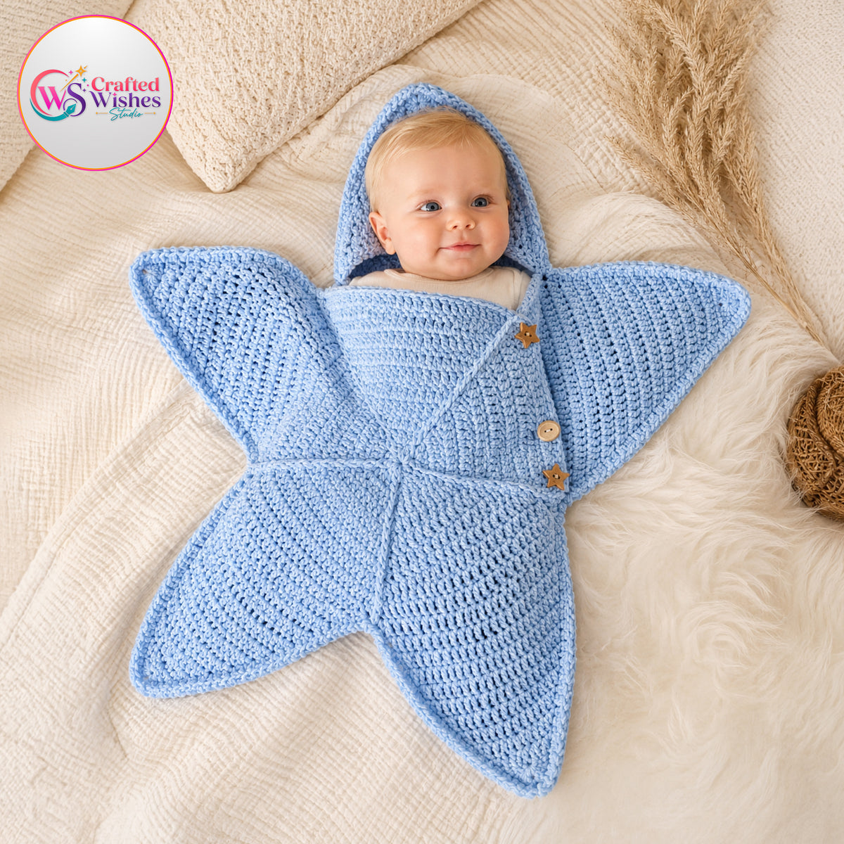 Crochet Baby Star Cocoon | Handmade Hooded Newborn Wrap